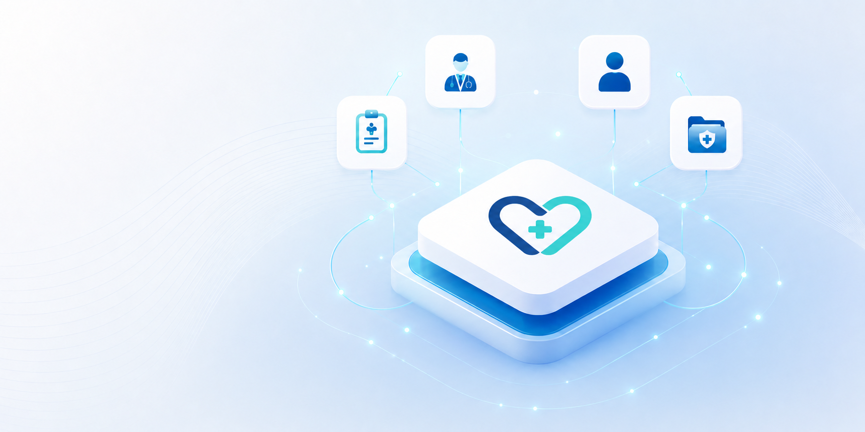 Abstract MyCare platform illustration showing connected medical records, clinicians and patients